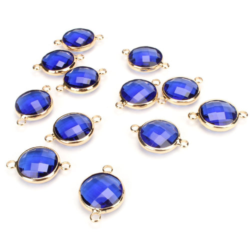 Glass Connector Charms Blue Glass Charms Blue Glass Pendants Gold Plated Charms September Birthstone Glass Links Faceted Glass Circle Links