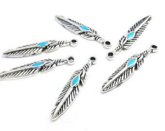 Feather Charms Feather Pendants Turquoise Feather Western Charms Antiqued Silver Feather Charms Feather Pendants 1 Inch Feathers BULK 50pcs
