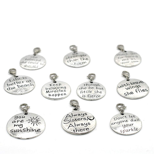 Clip On Charms Antiqued Silver Word Charms Inspirational Charms Silver Charms Word Pendants Charms with Clasps 10pcs