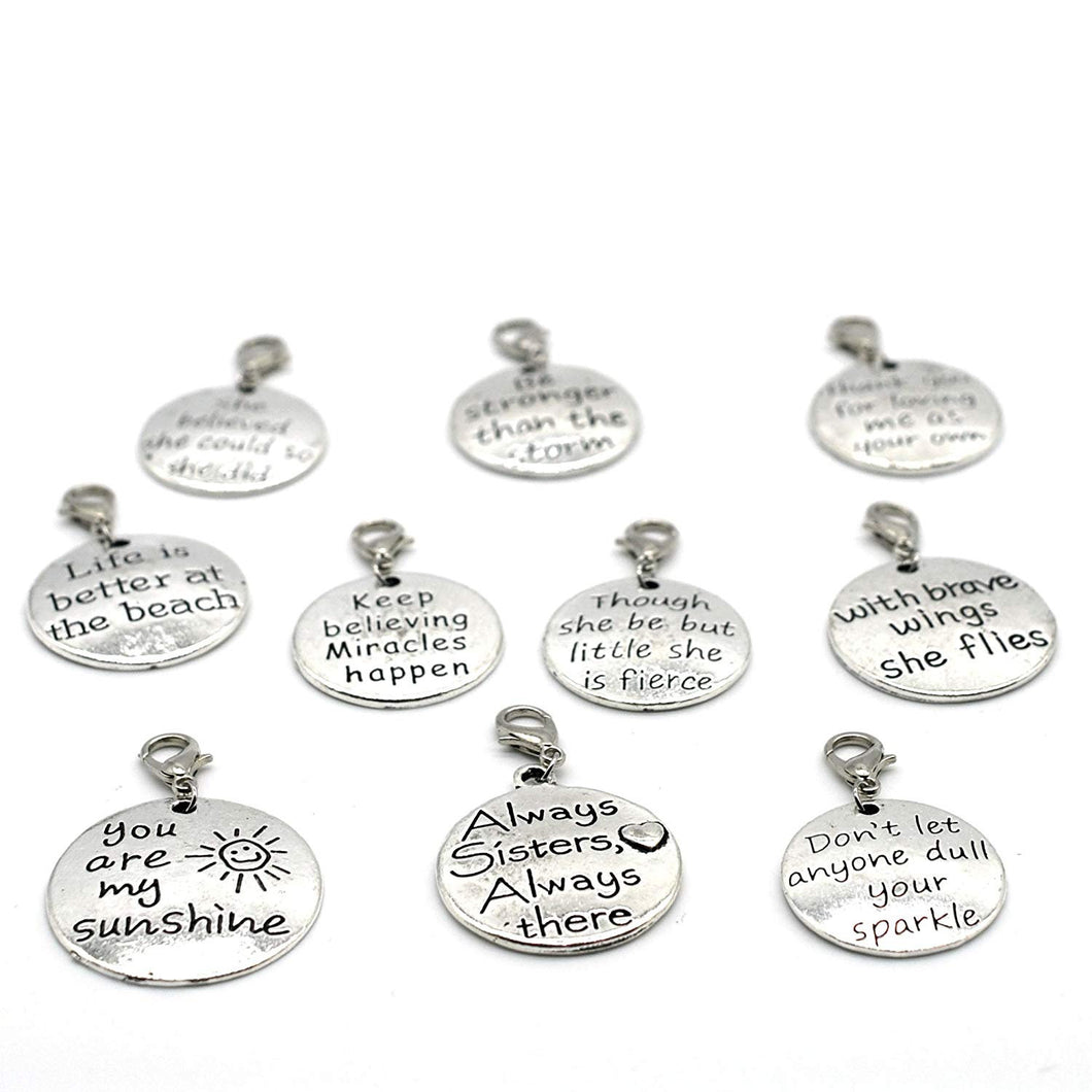 Clip On Charms Antiqued Silver Word Charms Inspirational Charms Silver Charms Word Pendants Charms with Clasps 10pcs