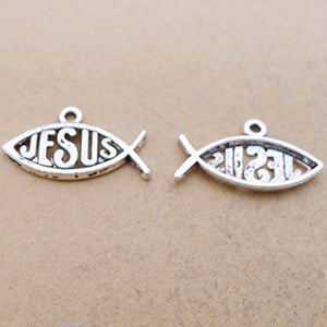 Jesus Charms Jesus Fish Charms Jesus Pendants Ichthus Charms Religious Charms Antiqued Silver Charms Set Christian Charms BULK Charms 100pcs