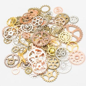 Bulk Gears Steampunk Gear Charms Gear Pendants Assorted Gears Cogs Steampunk Supplies Bronze Silver Gold Rose Gold Copper 70 pieces