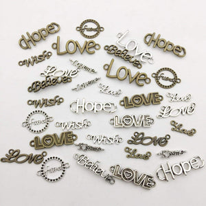 Word Charms Connector Pendants Inspirational Charms Love Charms Wish Charms Hope Charms Antiqued Silver Charms Bronze Charms BULK Charms 70