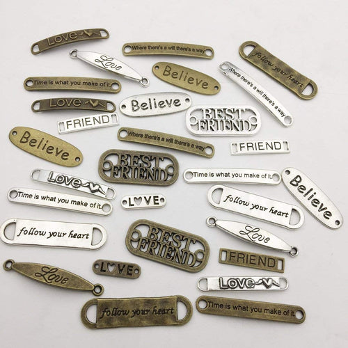 Word Charms Connector Pendants Inspirational Charms Believe Charms Love Charms Antiqued Silver Charms Bronze Charms BULK Charms 50