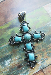 Large Cross Pendant Antiqued Silver Cross Charm Turquoise Cross Vintage Style Focal Pendant Religious Charm Ornate Cross 2 3/4"