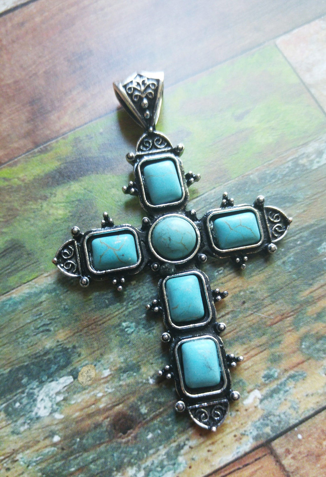 Large Cross Pendant Antiqued Silver Cross Charm Turquoise Cross Vintage Style Focal Pendant Religious Charm Ornate Cross 2 3/4