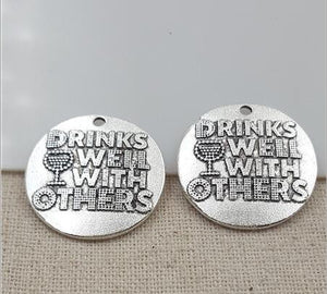 Drinking Pendants Antiqued Silver Quote Charms Word Charms Funny Quote Charms Wine Charms Drinks Well with Others 20pcs BULK