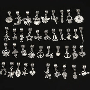 Dangle Charms Set Antiqued Silver Charms Assorted Charms Lot Big Hole Beads European Bead Dangles Mixed Charms BULK Charms Wholesale 40pcs
