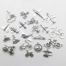 Load image into Gallery viewer, Bicycle Charms Airplane Charms Transportation Charms Antiqued Silver Charms Lot Assorted Charms Set BULK Charms Wholesale Charms 60pcs