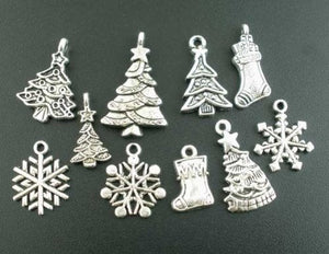 Christmas Charms Set Assorted Charms Set Antiqued Silver Charms Silver Pendants Christmas Tree Charms Stocking Charms Snowflake Charms 80pcs