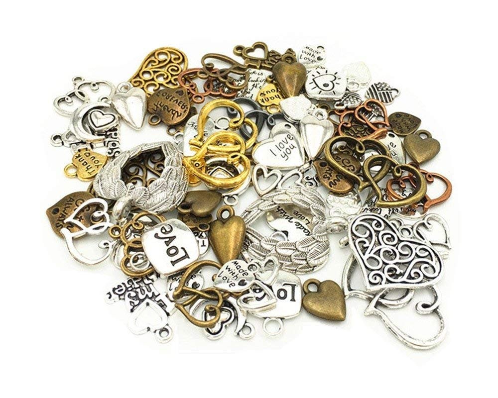 Heart Charms Assorted Heart Charms Heart Pendants BULK Charms Wholesale Charms Metal Charms Antiqued Copper Bronze Silver 70 pieces