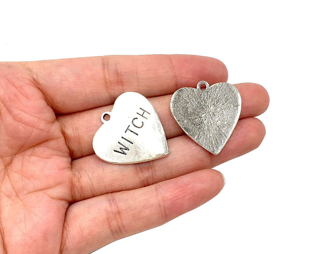 Witch Charms Witch Heart Charms Witch Word Charms Antiqued Silver Heart Charms Silver Word Charms Halloween Charms 10pcs