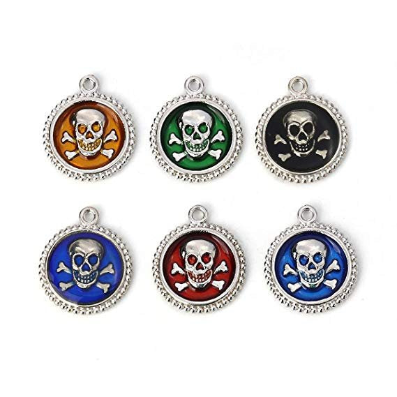 Enamel Skull Charms Skull and Crossbones Charms Antiqued Silver Enamel Charms Assorted Charms Set Pirate Charms Halloween Charms Poison 6pcs