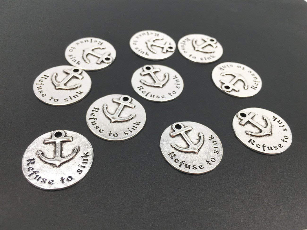 Inspirational Charms Word Charms Quote Charms Silver Word Pendants Quote Pendants Refuse to Sink Quote Anchor Pendants 10pcs