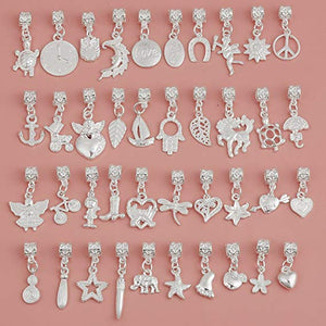 Dangle Charms Set Shiny Silver Charms Assorted Charms Lot Big Hole Beads European Bead Dangles Mixed Charms BULK Charms Wholesale 80pcs
