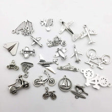 Load image into Gallery viewer, Bicycle Charms Airplane Charms Transportation Charms Antiqued Silver Charms Lot Assorted Charms Set BULK Charms Wholesale Charms 60pcs