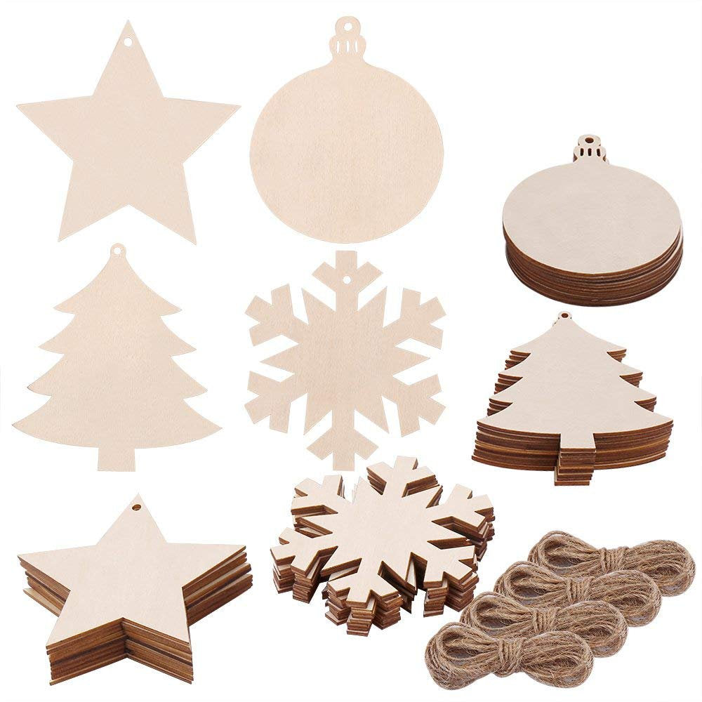 Blank Wooden Ornaments Wood Blanks Ornament Blanks Wood Burning Blank Wood Canvas Christmas Ornaments DIY Crafts with String 40pcs + String