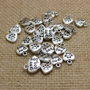 Dog Charms Word Charms Antiqued Silver Heart Charms I Love My Dog Pendants Paw Print Charms BULK Charms Wholesale Charms Quote Charms 100pcs