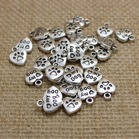 Dog Charms Word Charms Antiqued Silver Heart Charms I Love My Dog Pendants Paw Print Charms BULK Charms Wholesale Charms Quote Charms 100pcs