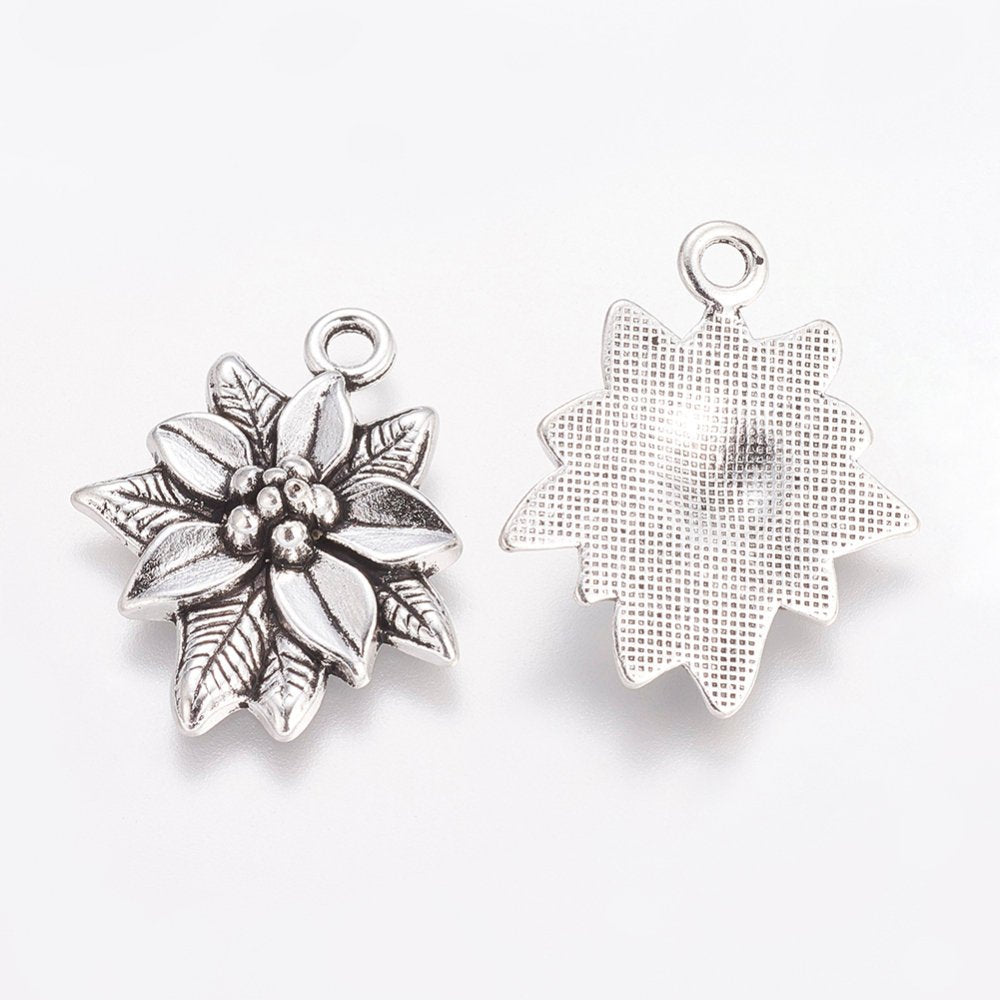 Poinsettia Charms Antiqued Silver Flower Charms Flower Findings Christmas Charms Garden Charms Poinsettia Flower 5pcs