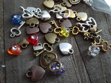 Load image into Gallery viewer, Heart Charms Heart Beads Assorted Charms Set Heart Themed Charms BULK Charms Wholesale Charms Antiqued Silver Gold Bronze Copper Charms 50pc