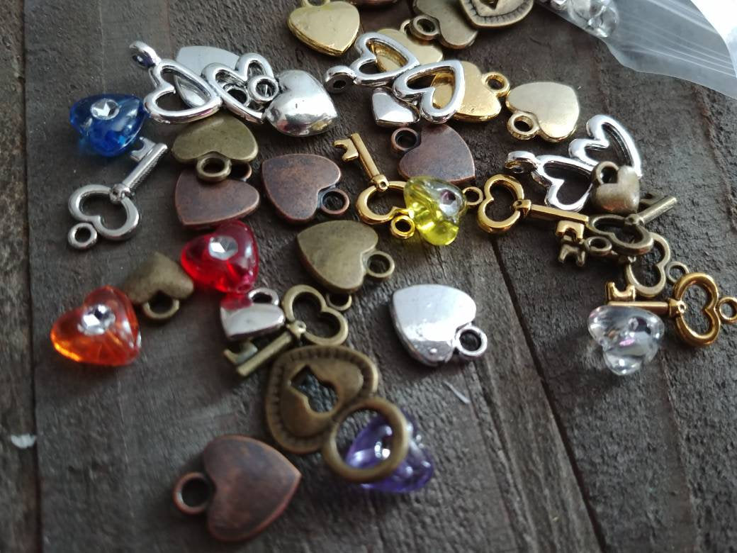 Heart Charms Heart Beads Assorted Charms Set Heart Themed Charms BULK Charms Wholesale Charms Antiqued Silver Gold Bronze Copper Charms 50pc