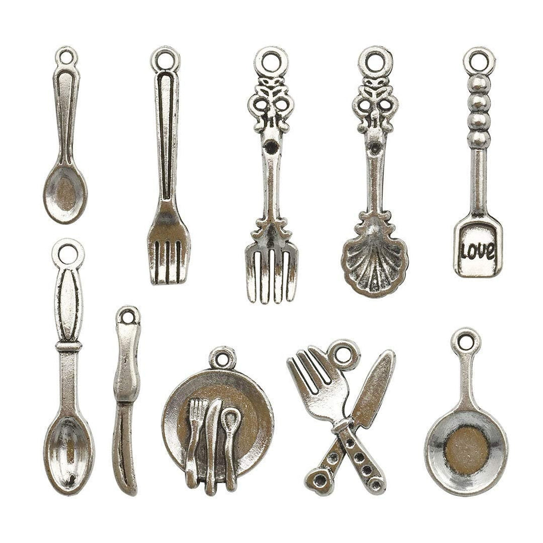 Utensil Charms Antiqued Silver Spoon Charms Fork Charms Cooking Charms Set Themed Charms Chef Charms BULK Charms Set 98pcs