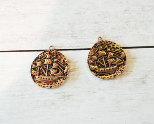 Ship Charms Antiqued Gold Ship Charms Pirate Ship Pendants Coin Charms 2 Sided Charms with Rings Pirate Charms Gold Charms 2pcs