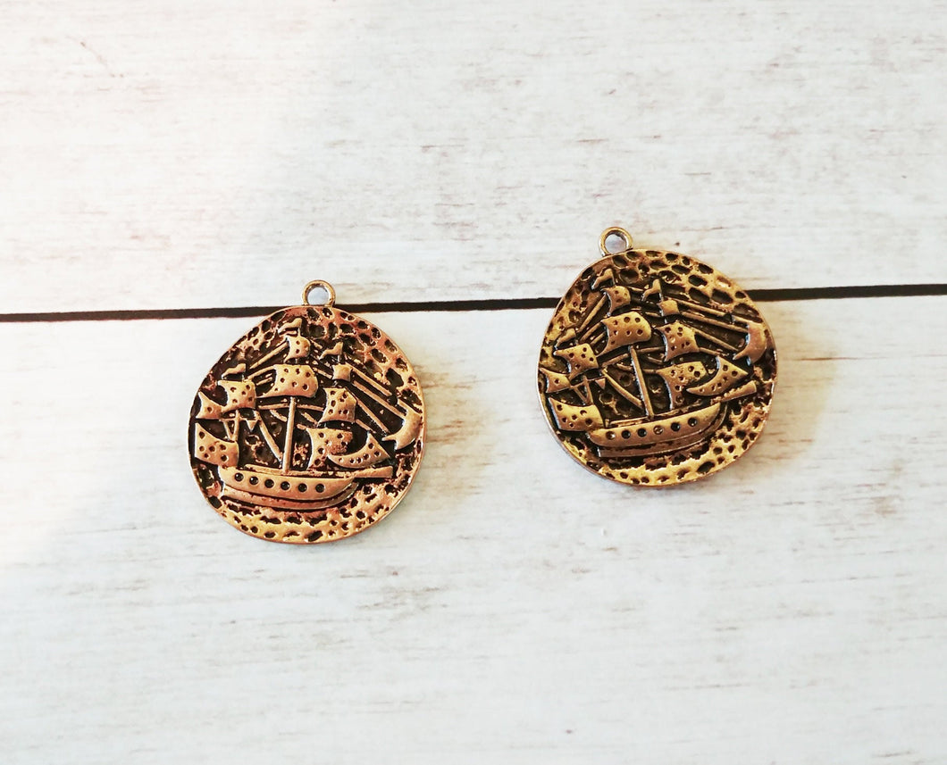 Ship Charms Antiqued Gold Ship Charms Pirate Ship Pendants Coin Charms 2 Sided Charms with Rings Pirate Charms Gold Charms 2pcs PREORDER