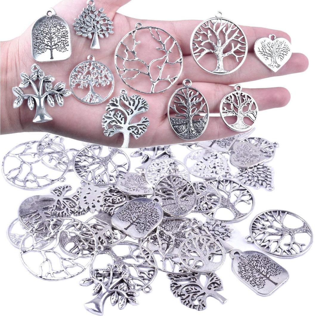 Tree Charms Tree of Life Charms Bulk Charms Wholesale Charms Antiqued Silver Oval Tree Pendants Stamped Tree Charms Assorted Charms 40pcs