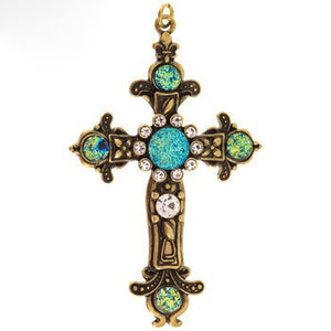 Large Cross Pendant Antiqued Gold Cross Charm Druzy Charm Vintage Style Focal Pendant Religious Charm Ornate Cross 2 7/8"