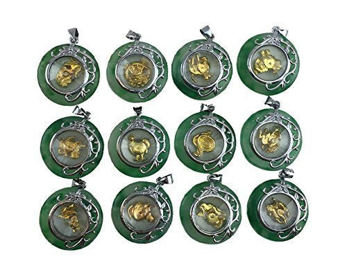 Chinese Zodiac Charms Jade Pendants Horoscope Charms Amulet Pendants Green Jade Charms Chinese Charms BULK 12pcs