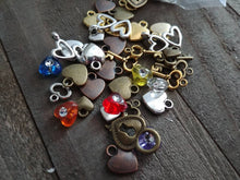Load image into Gallery viewer, Heart Charms Heart Beads Assorted Charms Set Heart Themed Charms BULK Charms Wholesale Charms Antiqued Silver Gold Bronze Copper Charms 50pc