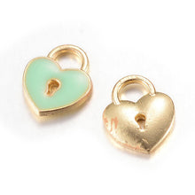 Load image into Gallery viewer, Gold Heart Charms Enamel Heart Charms Heart Lock Charms Gold Enamel Charms Mint Green Charms Mint Green Enamel Heart Lock Pendants 2pcs
