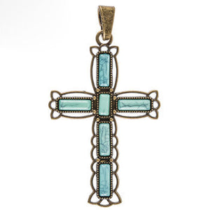 Large Cross Pendant Antiqued Bronze Cross Charm Turquoise Cross Vintage Style Focal Pendant Religious Charm Ornate Cross 3 3/16" PREORDER