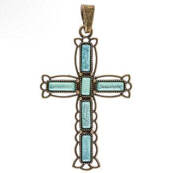 Large Cross Pendant Antiqued Bronze Cross Charm Turquoise Cross Vintage Style Focal Pendant Religious Charm Ornate Cross 3 3/16