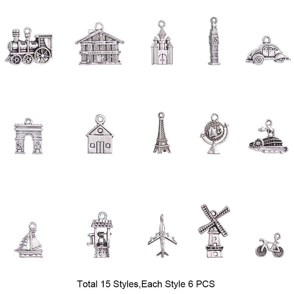 Travel Charms Set Antiqued Silver Charms Adventure Charms World Traveler Assorted Charms Set BULK Charms Wholesale Charms 90pcs