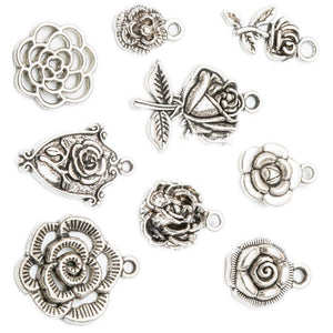 Flower Charms Flower Pendants Antiqued Silver Rose Charms Silver Flower Charms BULK Charms Wholesale Charms Garden Charms 90pcs