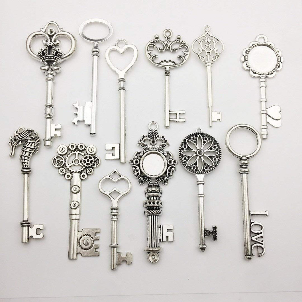 Key Charms Skeleton Key Pendants Antiqued Silver Keys Assorted Keys Wholesale Steampunk Keys 12 pieces 60mm to 80mm