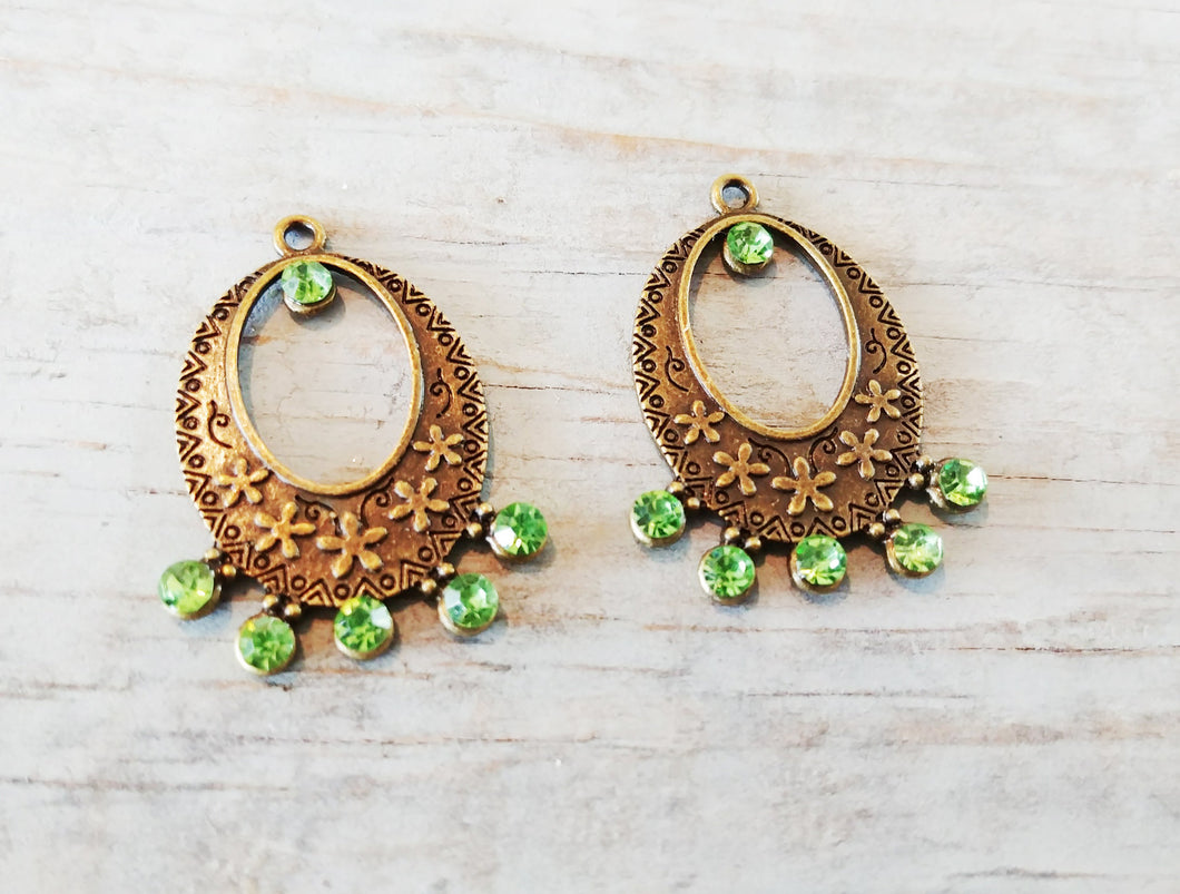 Chandelier Charms Antiqued Bronze Chandelier Findings Chandelier Earring Charms Jeweled Chandelier Green Bronze Charms 2pcs