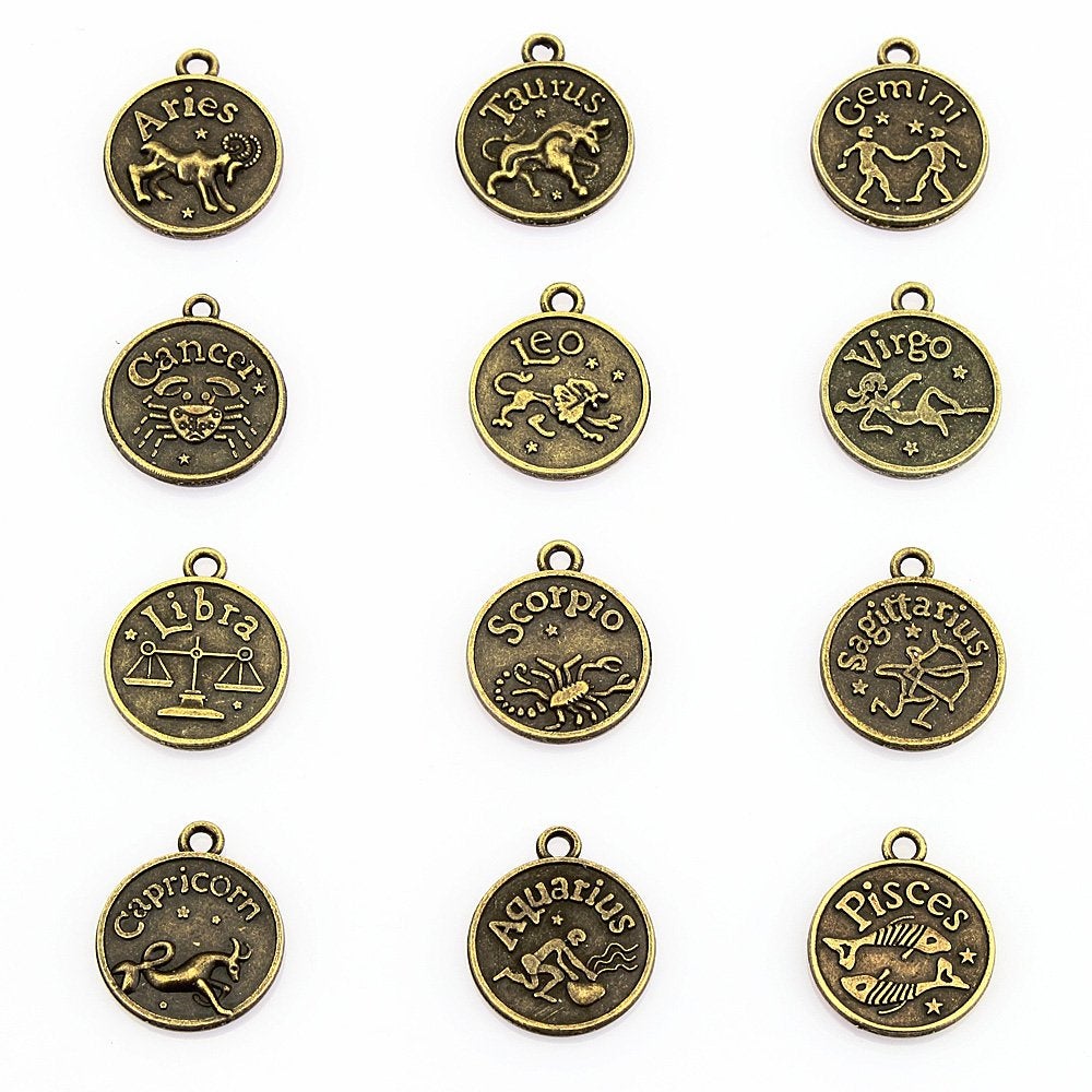 Zodiac Charms Bronze Pendants Horoscope Charms Zodiac Pendants Antiqued Bronze Charms BULK 12pcs