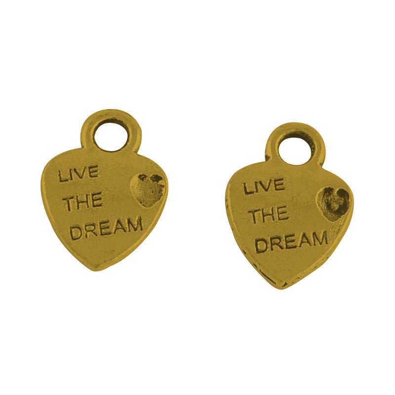 Gold Quote Charms Antiqued Gold Heart Charms LIVE THE DREAM Charms Word Charms Inspirational Charms 6pcs