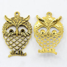 Load image into Gallery viewer, Large Owl Pendant Antiqued Gold Owl Charm Gold Owl Pendant Gold Pendant 58mm Large Focal Pendant