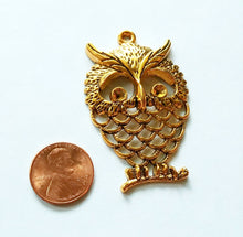 Load image into Gallery viewer, Large Owl Pendant Antiqued Gold Owl Charm Gold Owl Pendant Gold Pendant 58mm Large Focal Pendant