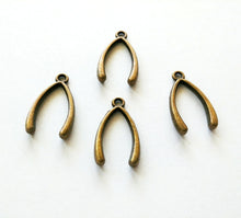 Load image into Gallery viewer, 4 Wishbone Pendants Antiqued Bronze Thanksgiving Charms Holiday Charms 24mm