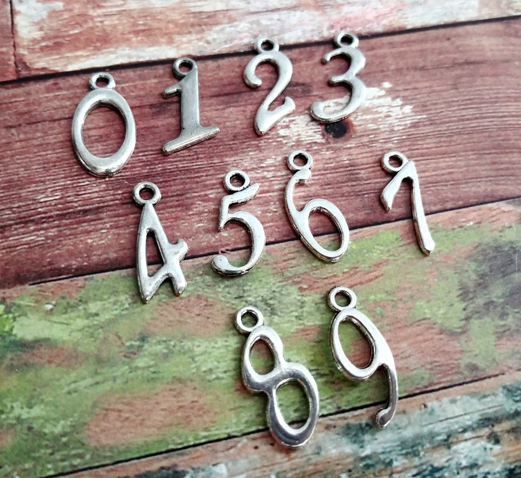 10 Number Charms Antiqued Silver Number Pendants 0-9 Numbers Tag Charms 20mm