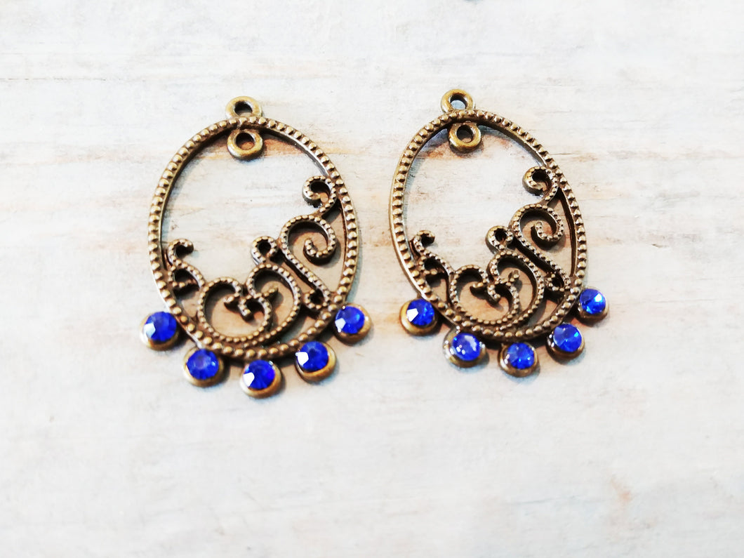 Chandelier Charms Antiqued Bronze Chandelier Findings Chandelier Earring Charms Jeweled Chandelier Blue Bronze Charms 2pcs
