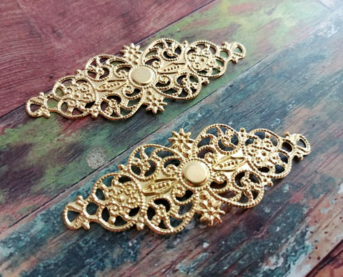 2 Filigree Stampings Shiny Gold Cabochon Setting Blanks Long Connector Pendants 62mm