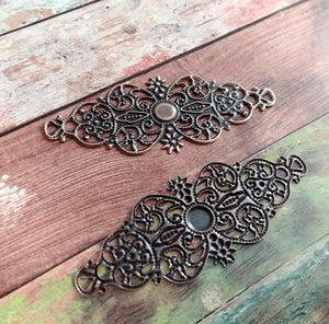 2 Filigree Stampings Antiqued Bronze Cabochon Setting Blanks Long Connector Pendants 62mm