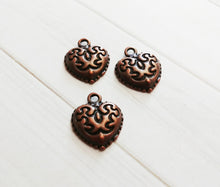 Load image into Gallery viewer, Scrolled Heart Charms Antiqued Copper Valentine&#39;s Day Pendants Love Findings 18mm Sold per pkg of 10